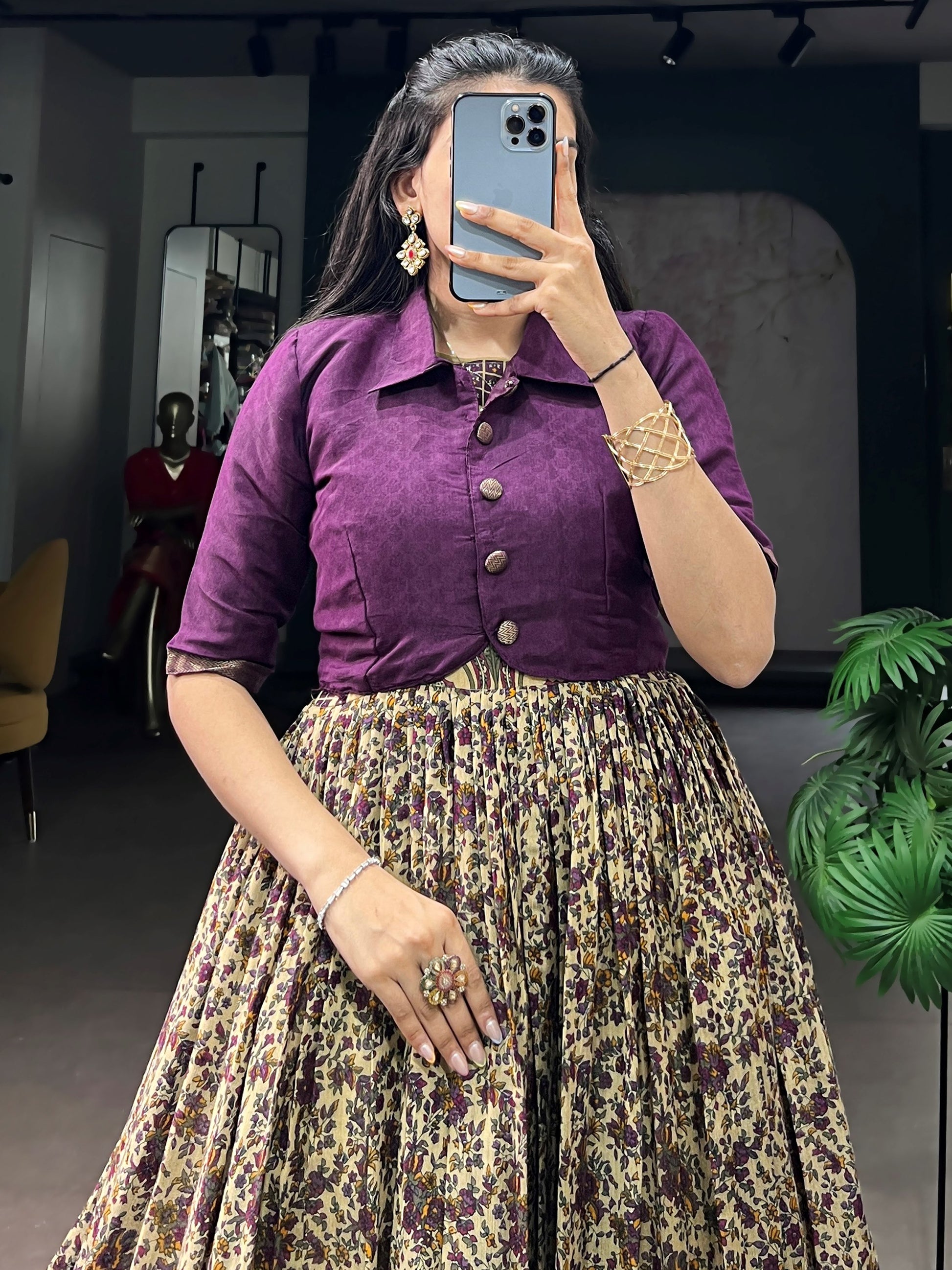 Charming Purple Printed Chanderi Festival Wear Gown With Koti