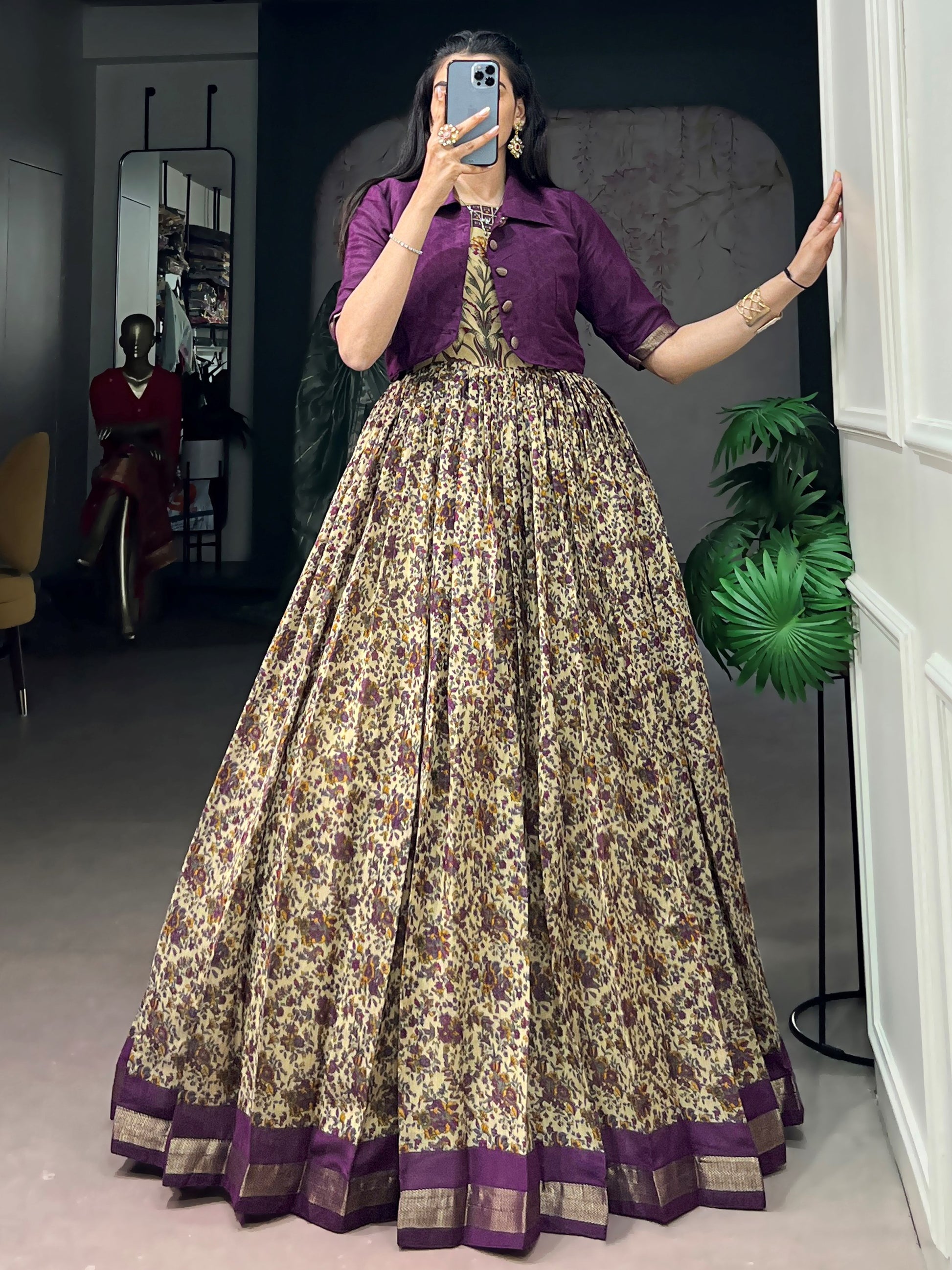 Charming Purple Printed Chanderi Festival Wear Gown With Koti