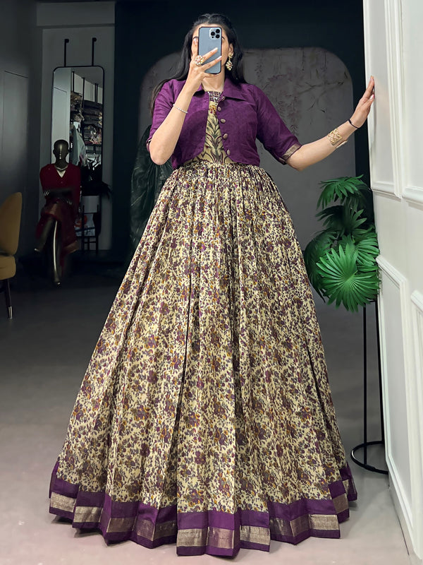 Charming Purple Printed Chanderi Festival Wear Gown With Koti