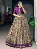 Charming Purple Printed Chanderi Festival Wear Gown With Koti