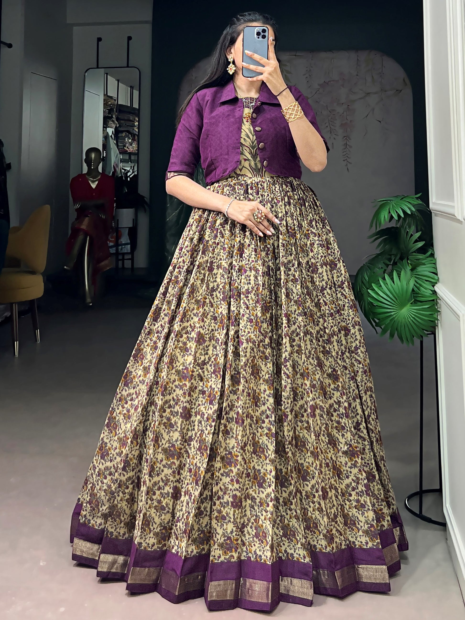 Charming Purple Printed Chanderi Festival Wear Gown With Koti