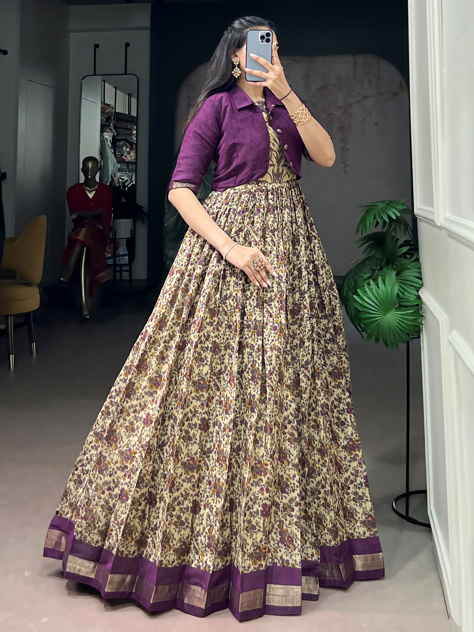 Charming Purple Printed Chanderi Festival Wear Gown With Koti