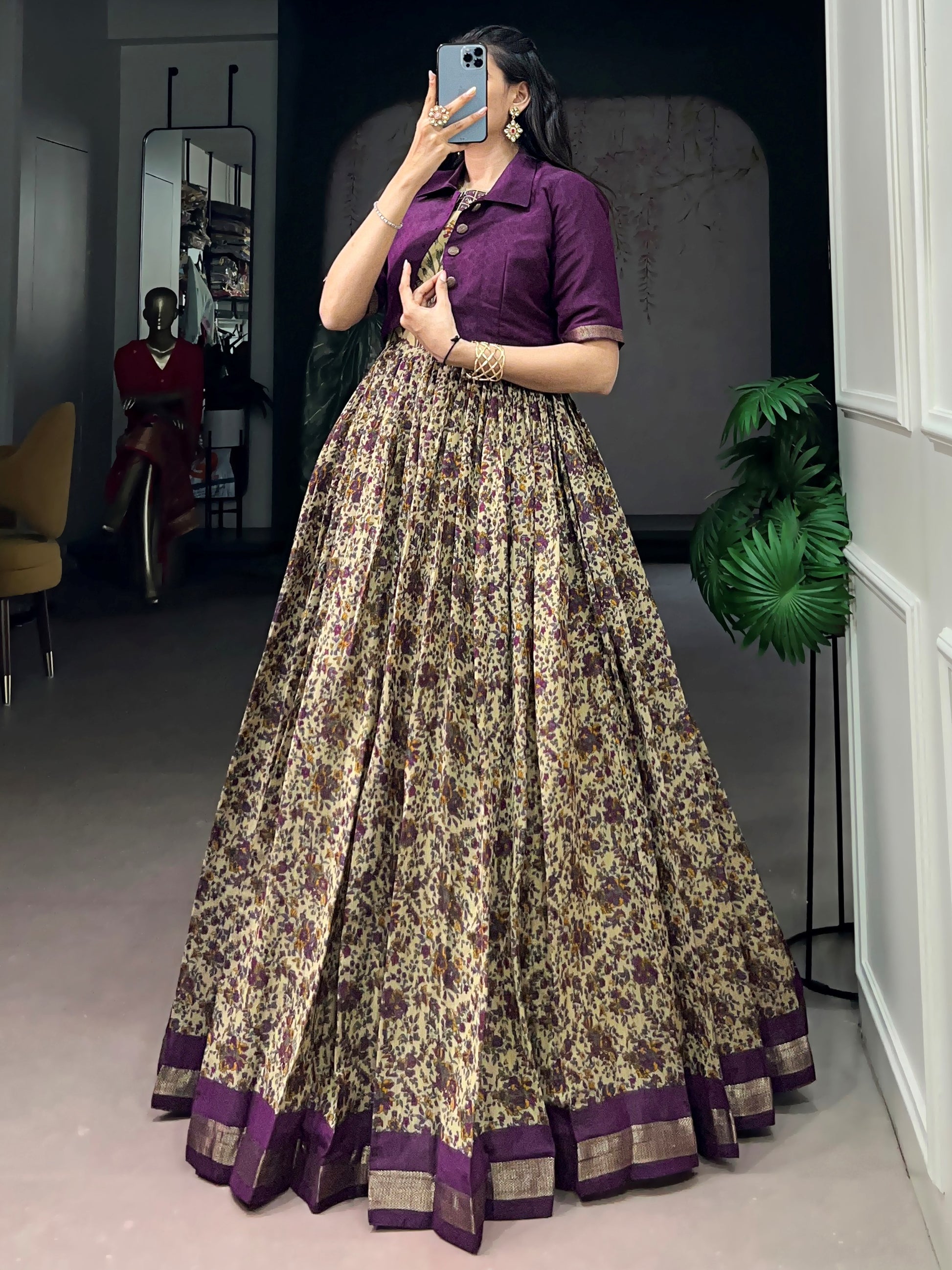 Charming Purple Printed Chanderi Festival Wear Gown With Koti