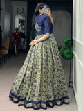 Impressive Navy Blue Printed Chanderi Festival Wear Gown With Koti