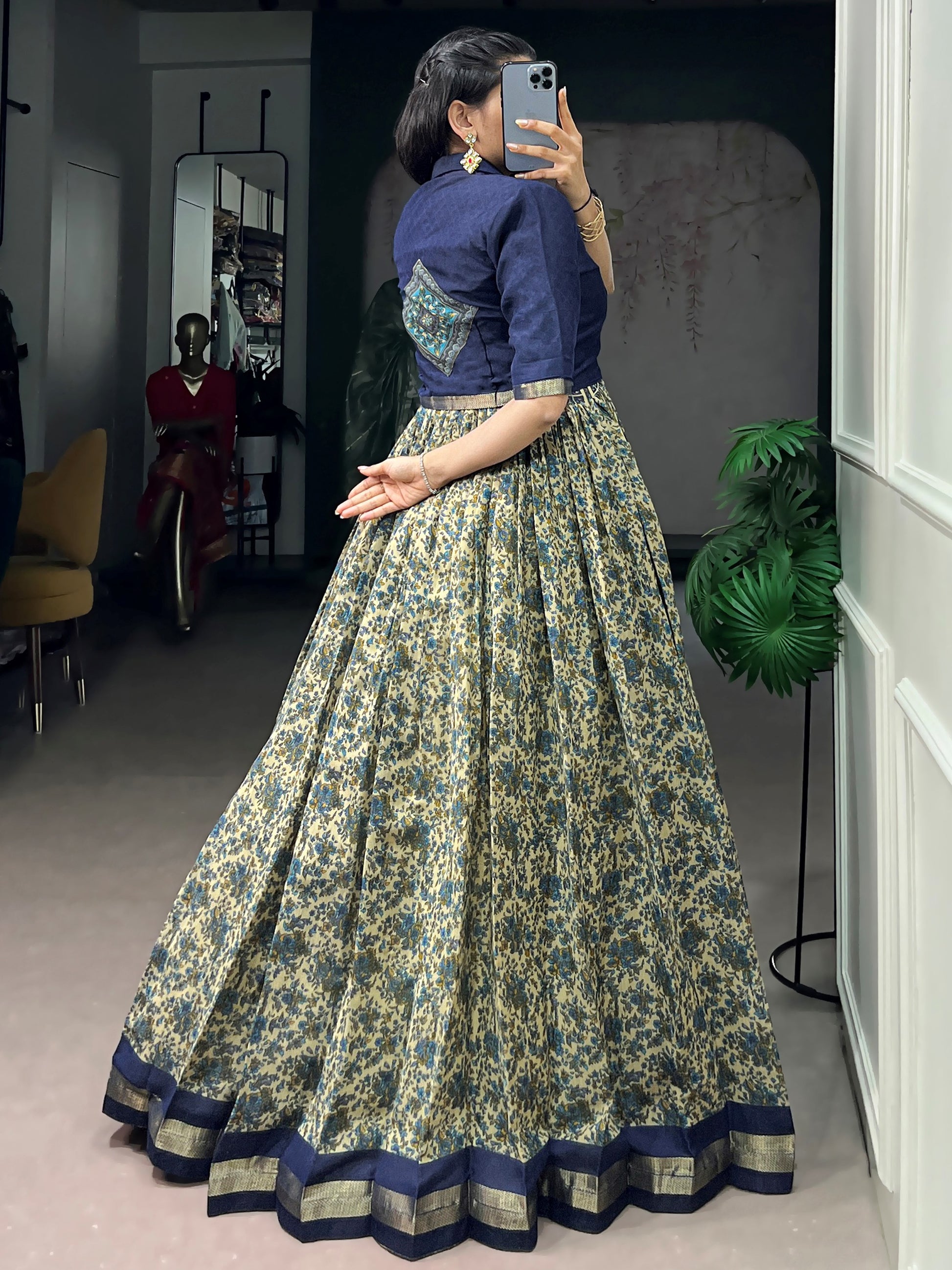 Impressive Navy Blue Printed Chanderi Festival Wear Gown With Koti