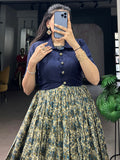 Impressive Navy Blue Printed Chanderi Festival Wear Gown With Koti