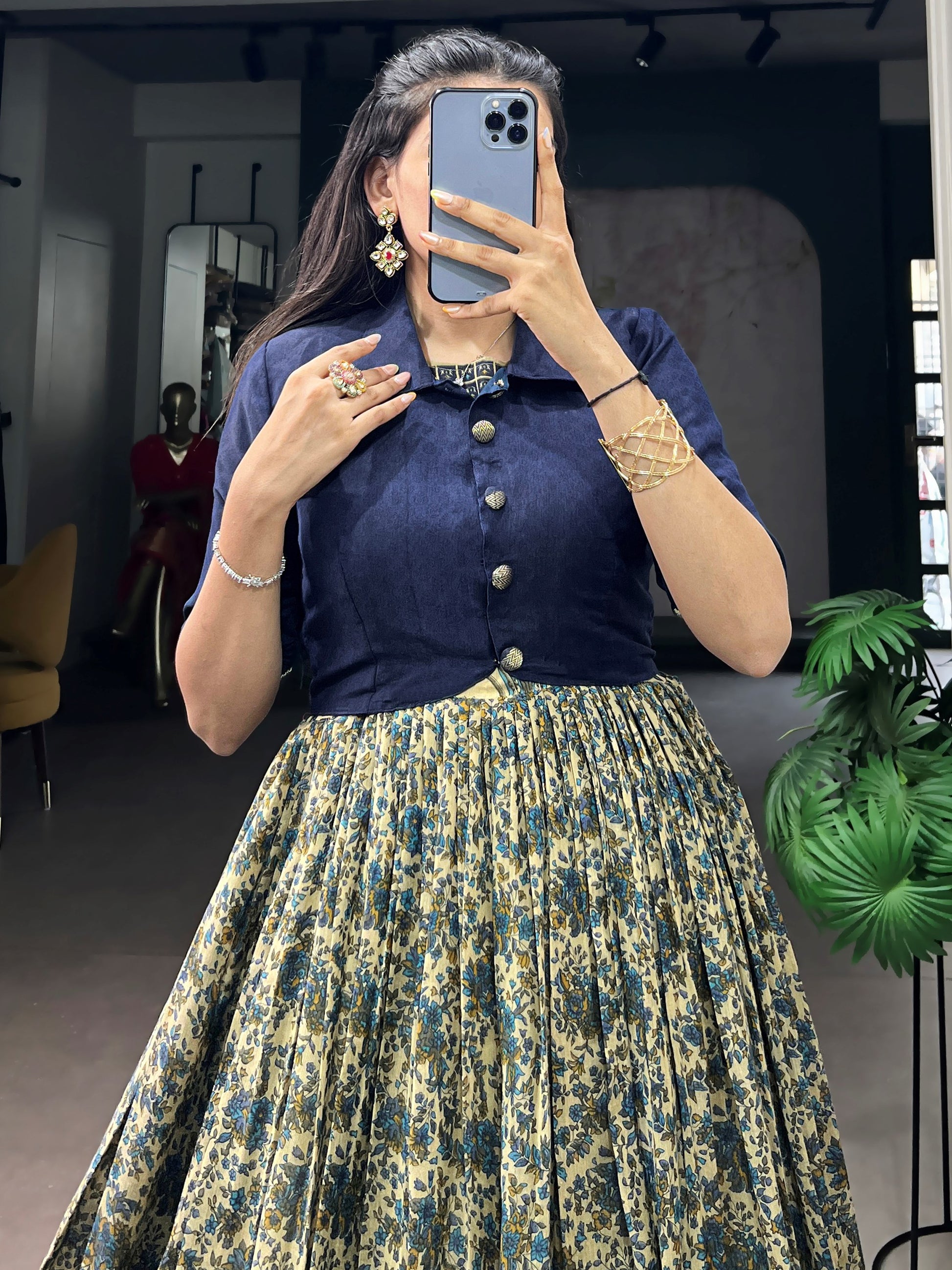 Impressive Navy Blue Printed Chanderi Festival Wear Gown With Koti
