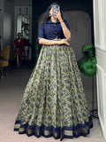 Impressive Navy Blue Printed Chanderi Festival Wear Gown With Koti