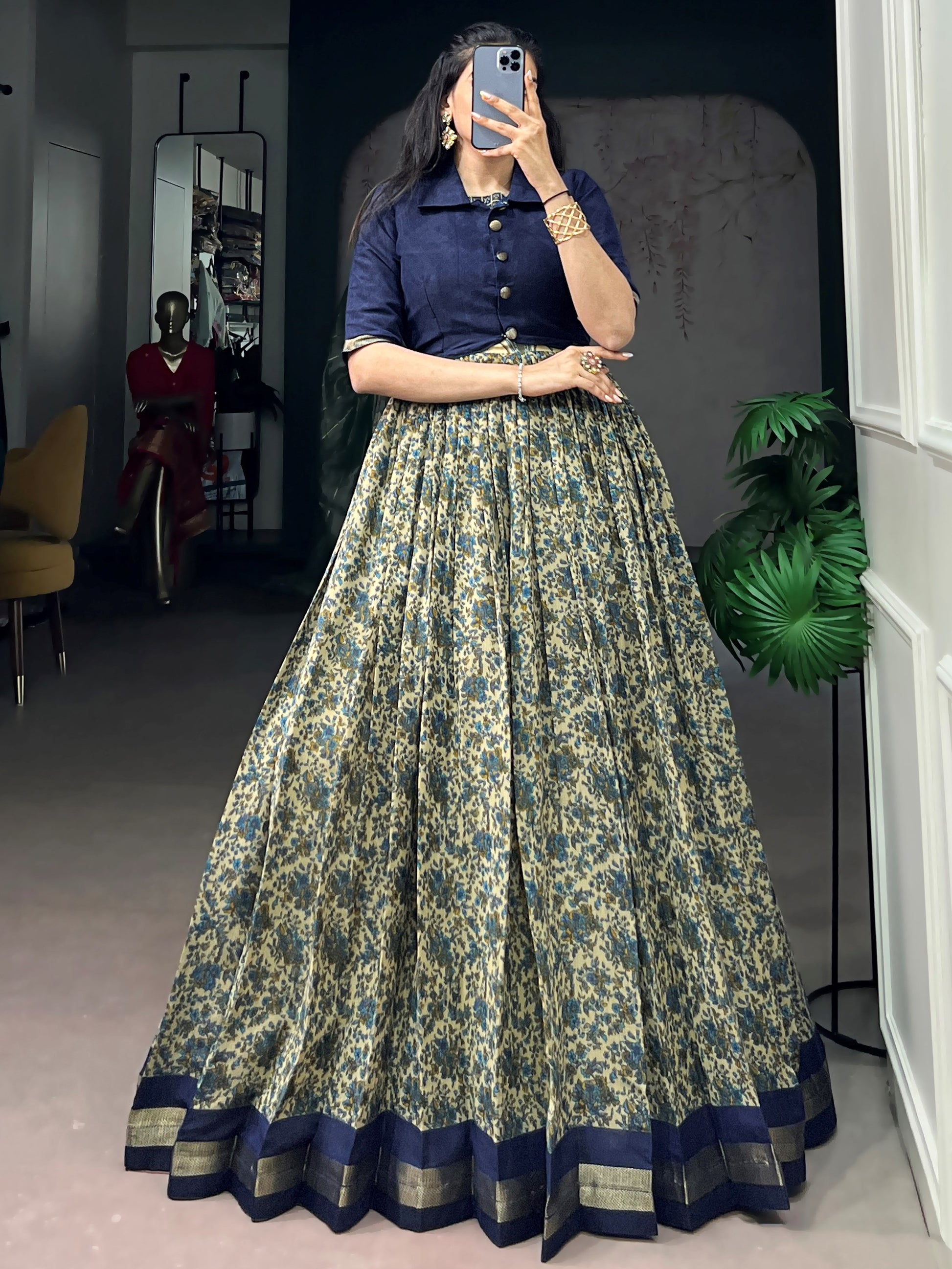 Impressive Navy Blue Printed Chanderi Festival Wear Gown With Koti