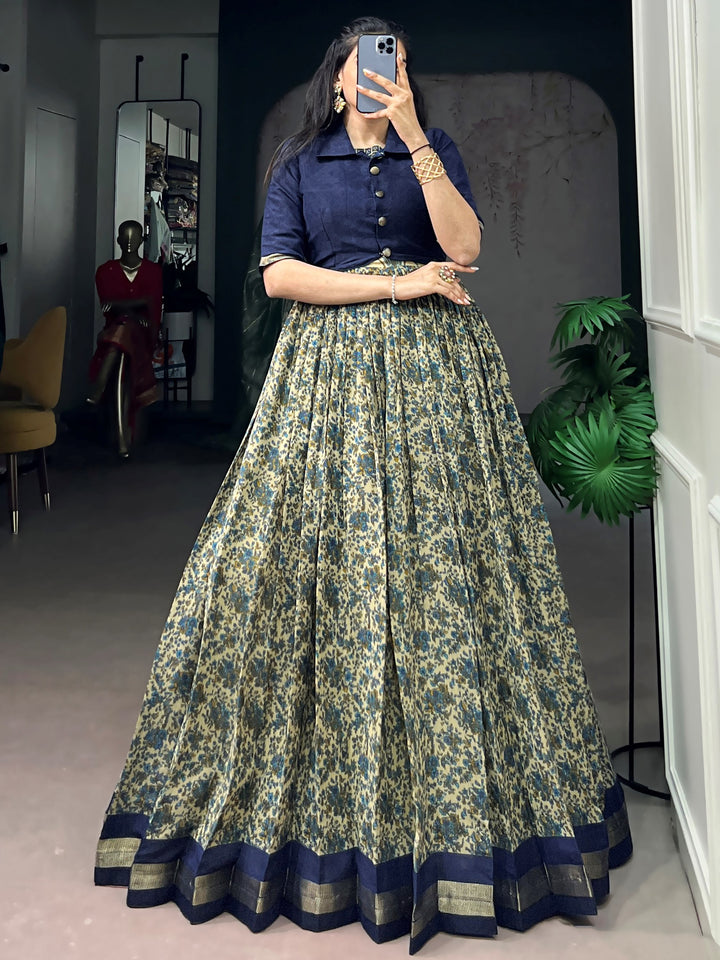 Impressive Navy Blue Printed Chanderi Festival Wear Gown With Koti