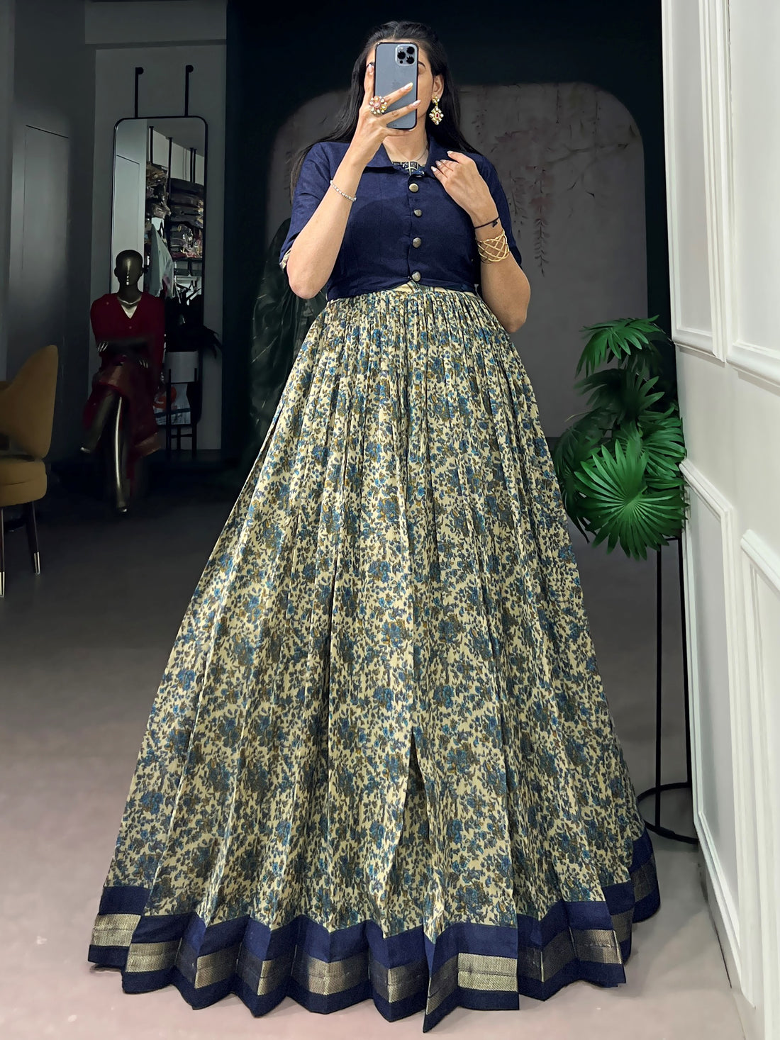Impressive Navy Blue Printed Chanderi Festival Wear Gown With Koti