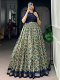 Impressive Navy Blue Printed Chanderi Festival Wear Gown With Koti