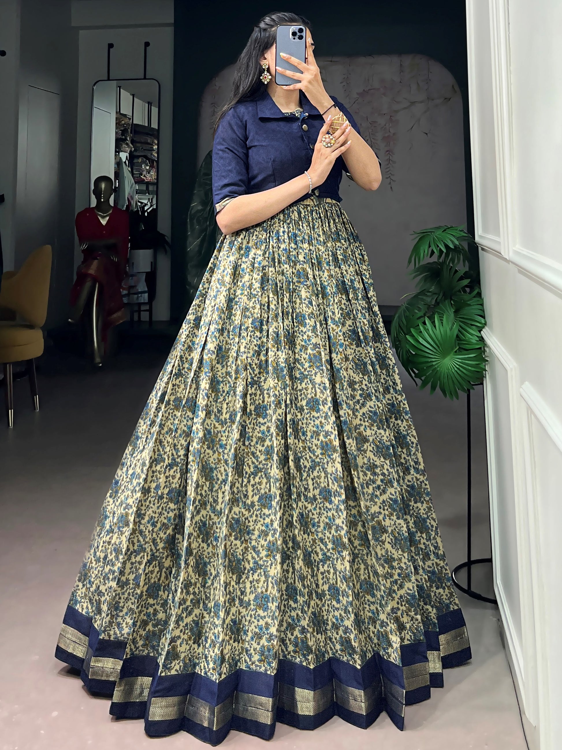 Impressive Navy Blue Printed Chanderi Festival Wear Gown With Koti