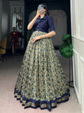 Impressive Navy Blue Printed Chanderi Festival Wear Gown With Koti