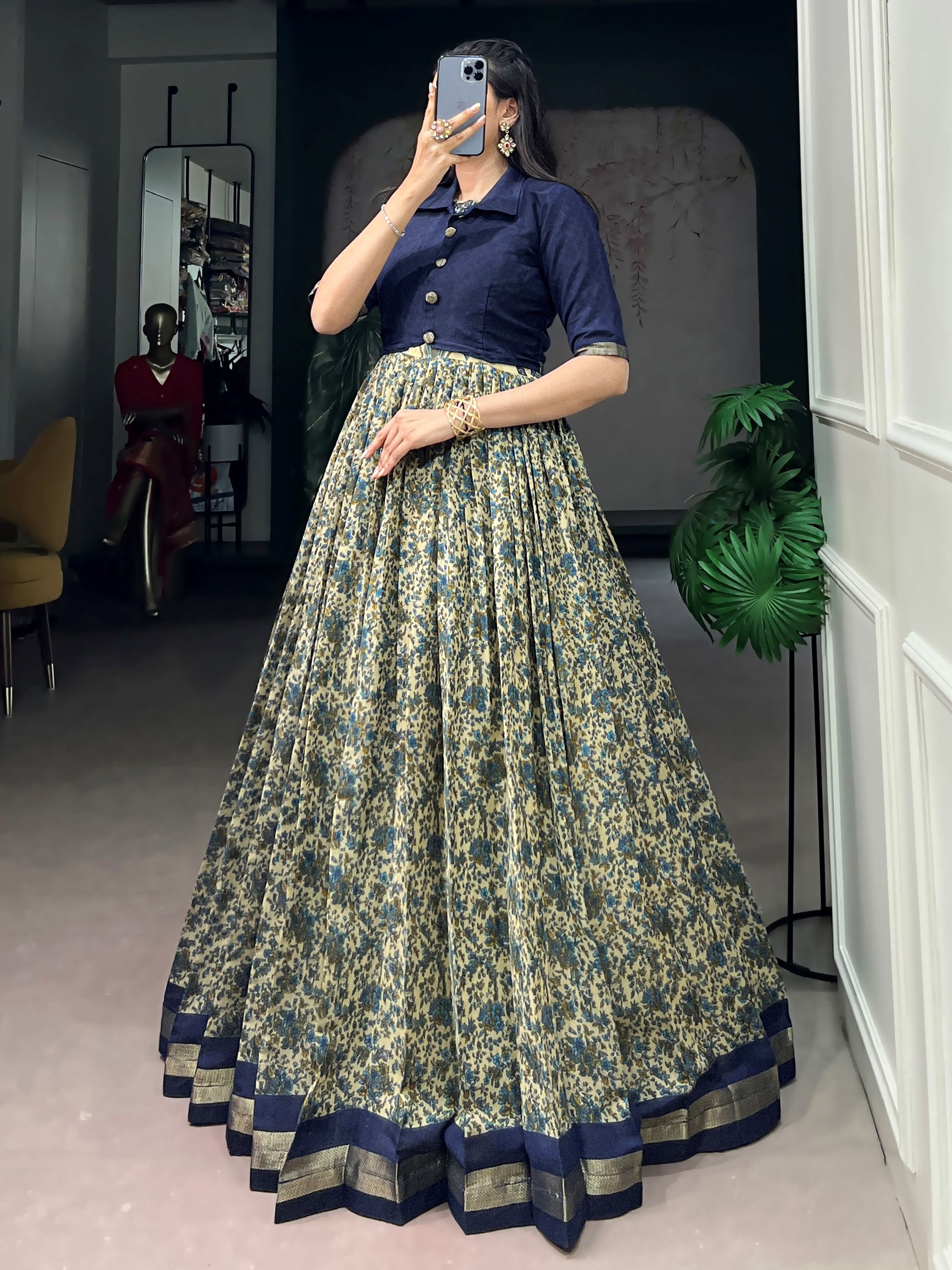 Impressive Navy Blue Printed Chanderi Festival Wear Gown With Koti