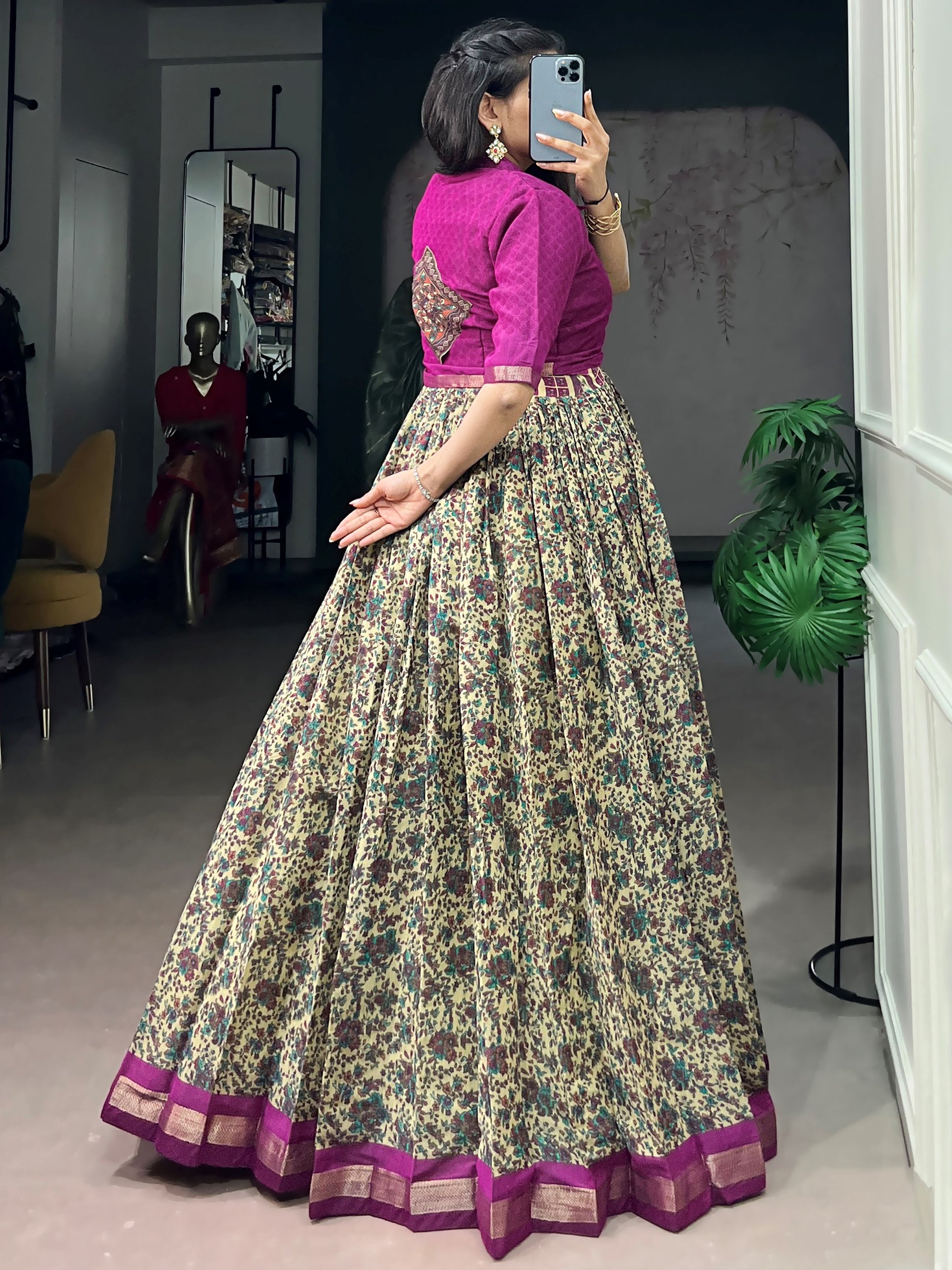 Captivating Wine Printed Chanderi Festival Wear Gown With Koti