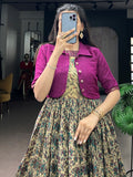 Captivating Wine Printed Chanderi Festival Wear Gown With Koti