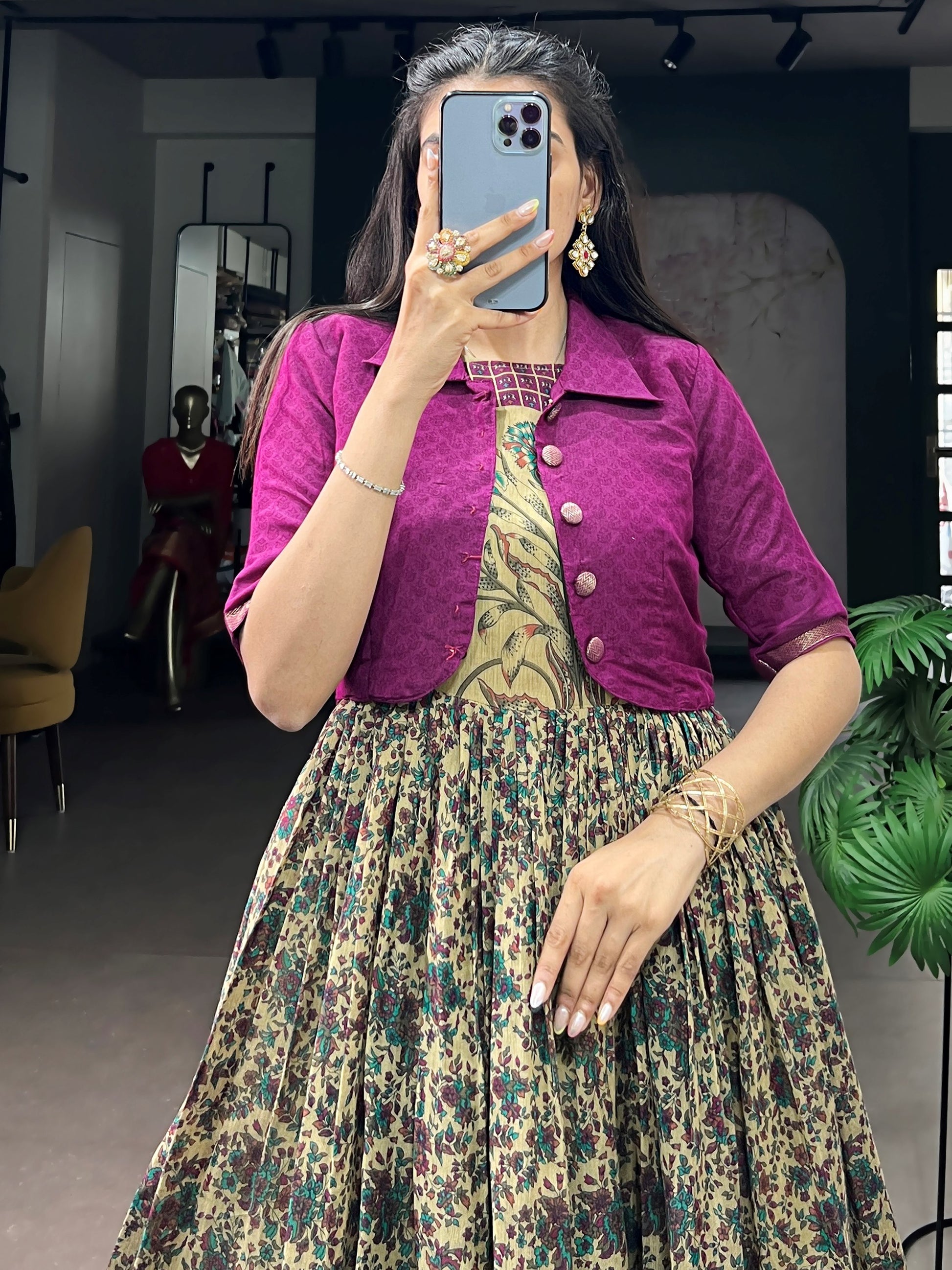 Captivating Wine Printed Chanderi Festival Wear Gown With Koti