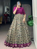 Captivating Wine Printed Chanderi Festival Wear Gown With Koti