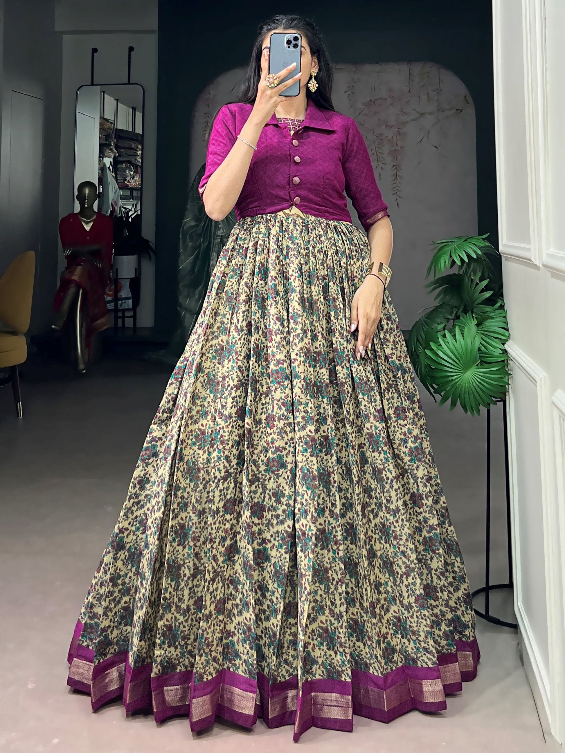 Captivating Wine Printed Chanderi Festival Wear Gown With Koti