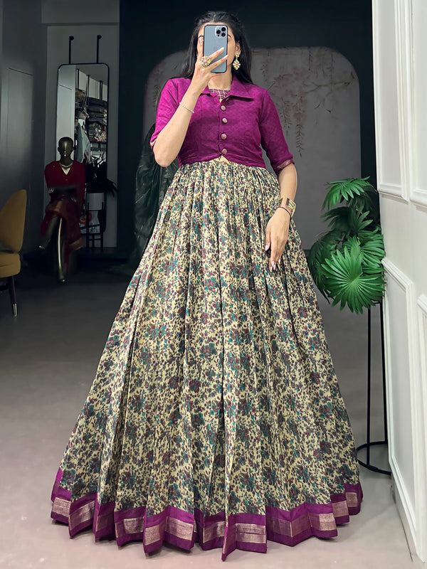 Captivating Wine Printed Chanderi Festival Wear Gown With Koti