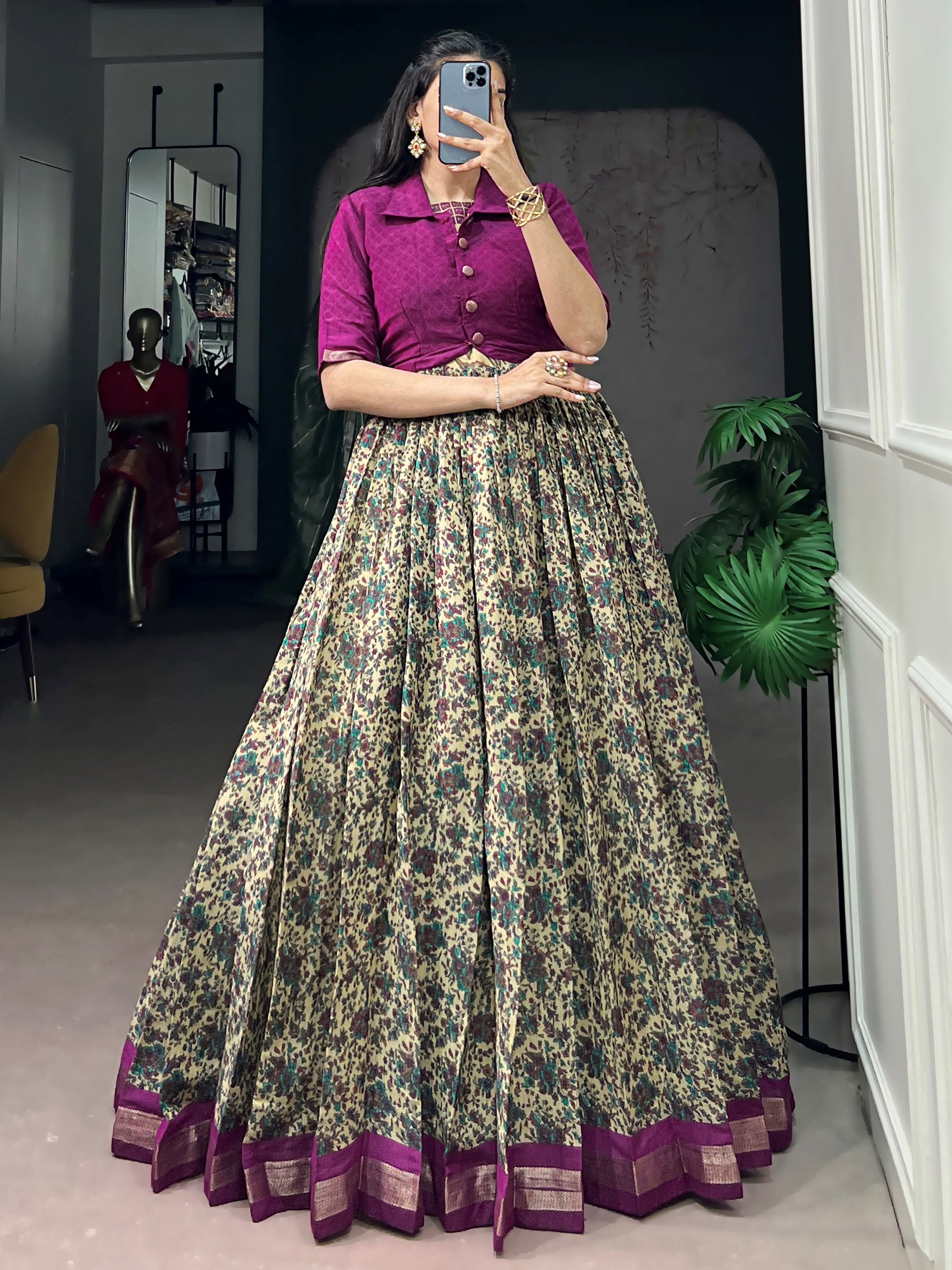 Captivating Wine Printed Chanderi Festival Wear Gown With Koti