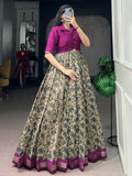 Captivating Wine Printed Chanderi Festival Wear Gown With Koti