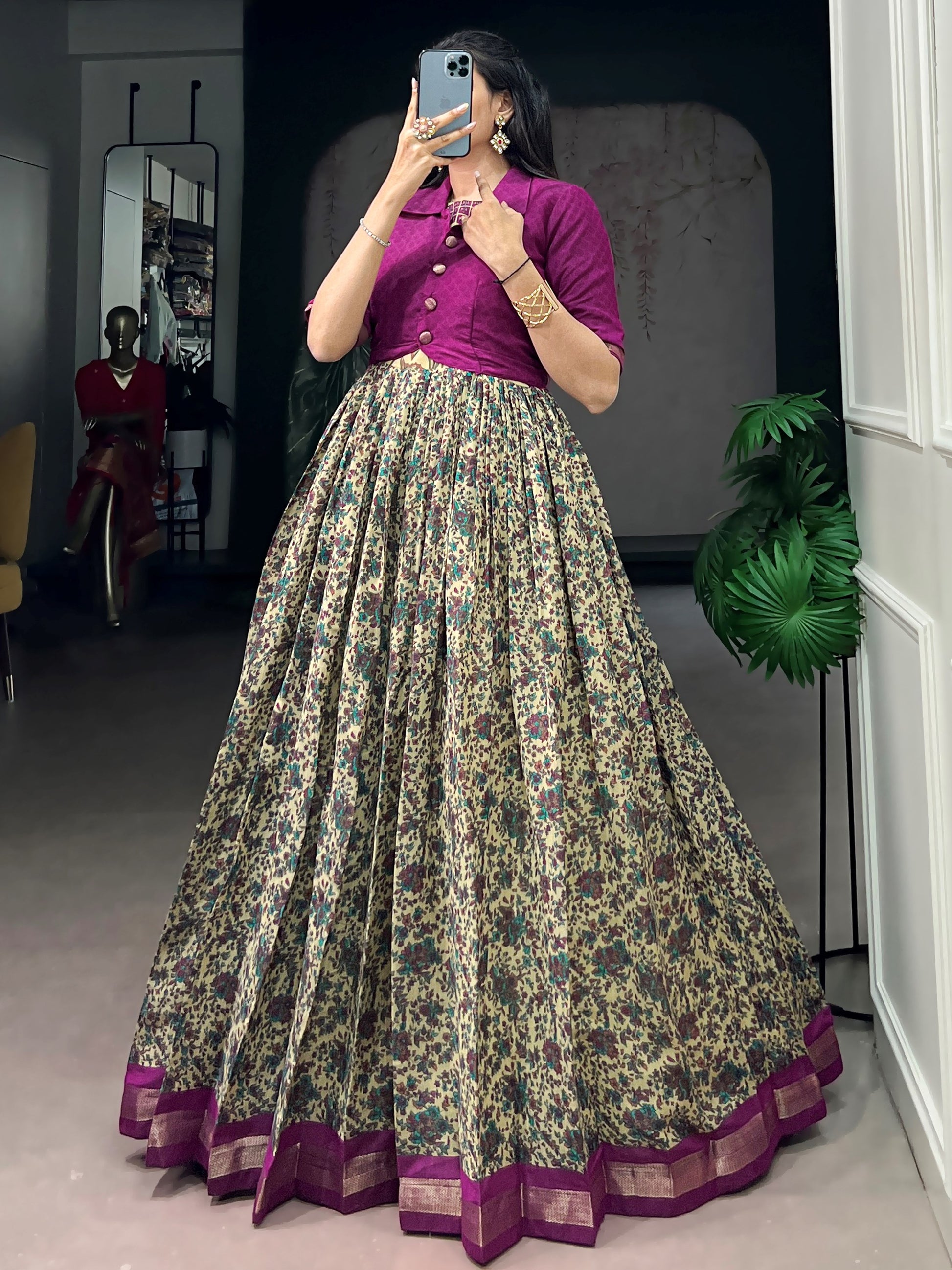 Captivating Wine Printed Chanderi Festival Wear Gown With Koti