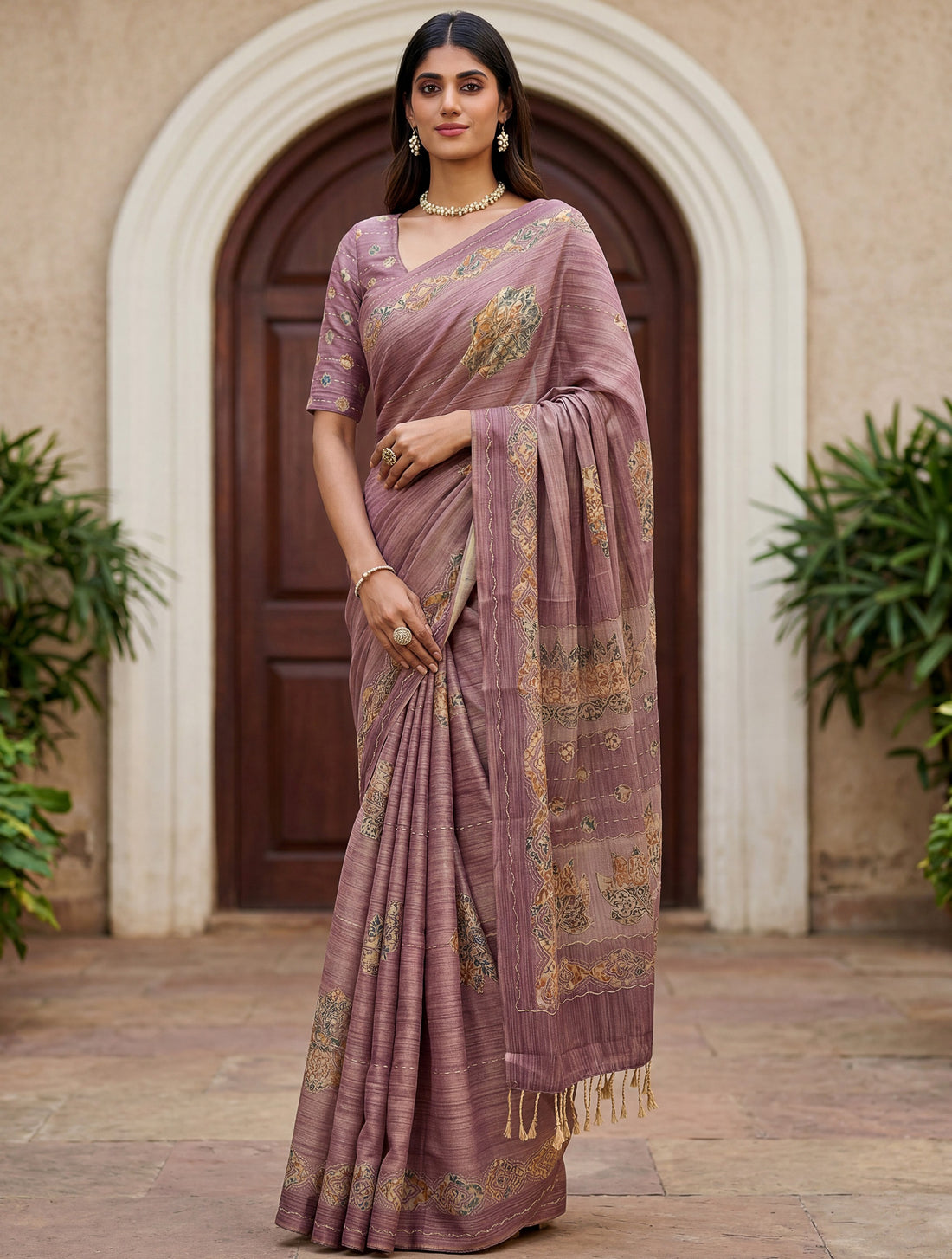 Charming Dusty Pink Dori Work Silk Casual Wear Saree With Dupatta