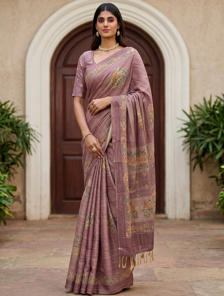 Charming Dusty Pink Dori Work Silk Casual Wear Saree With Dupatta