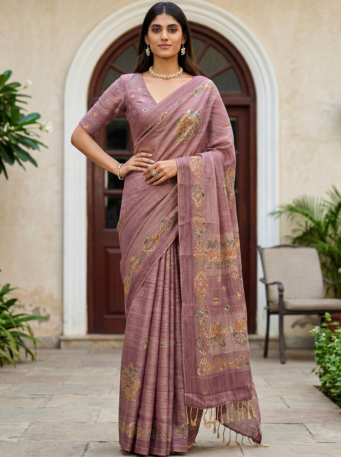Charming Dusty Pink Dori Work Silk Casual Wear Saree With Dupatta