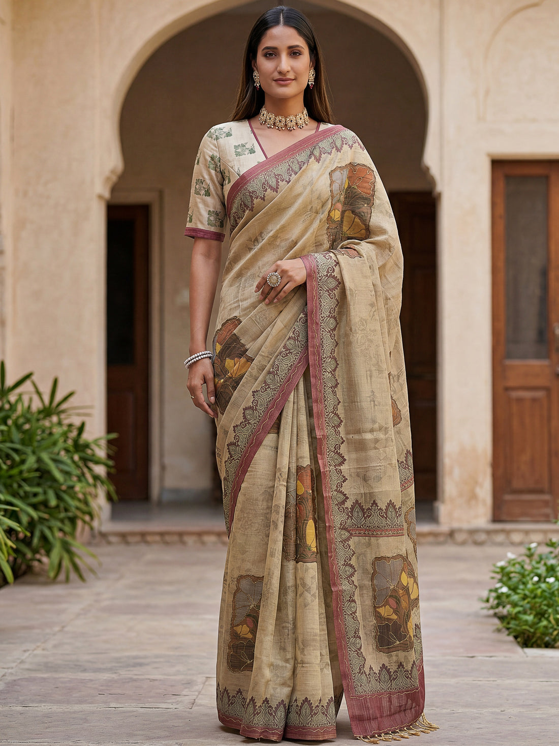 Fabulous Beige Dori Work Silk Festival Wear Saree With Blouse
