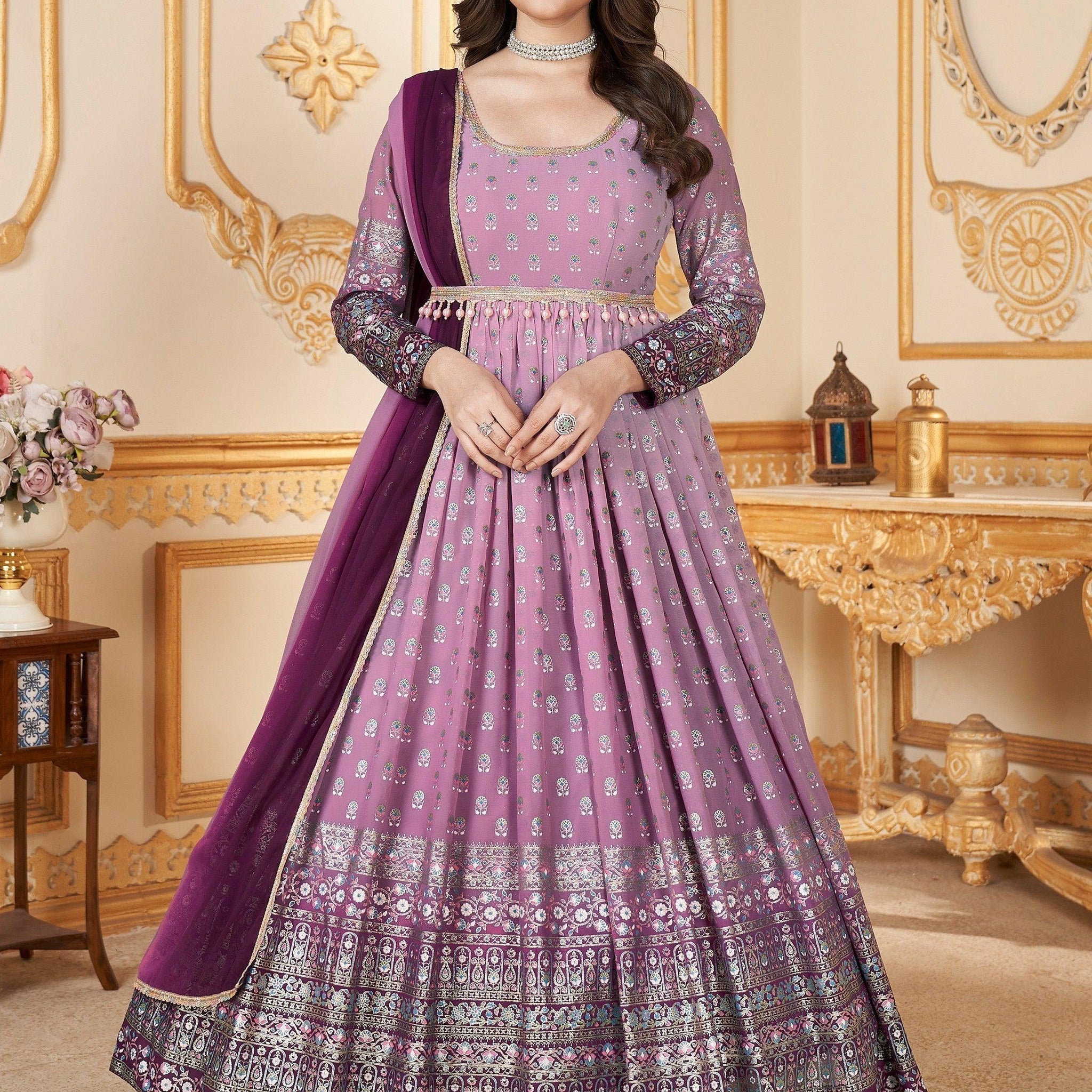 Enchanting Lavender Foil Work Georgette Gown With Dupatta