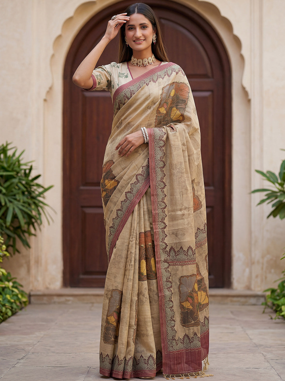 Fabulous Beige Dori Work Silk Festival Wear Saree With Blouse