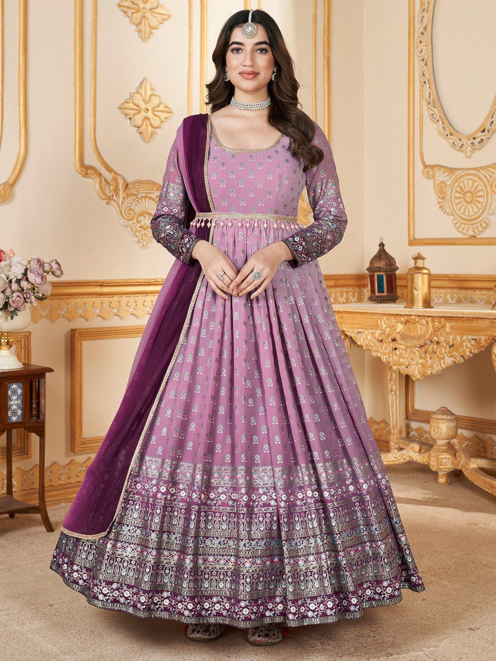 Enchanting Lavender Foil Work Georgette Gown With Dupatta