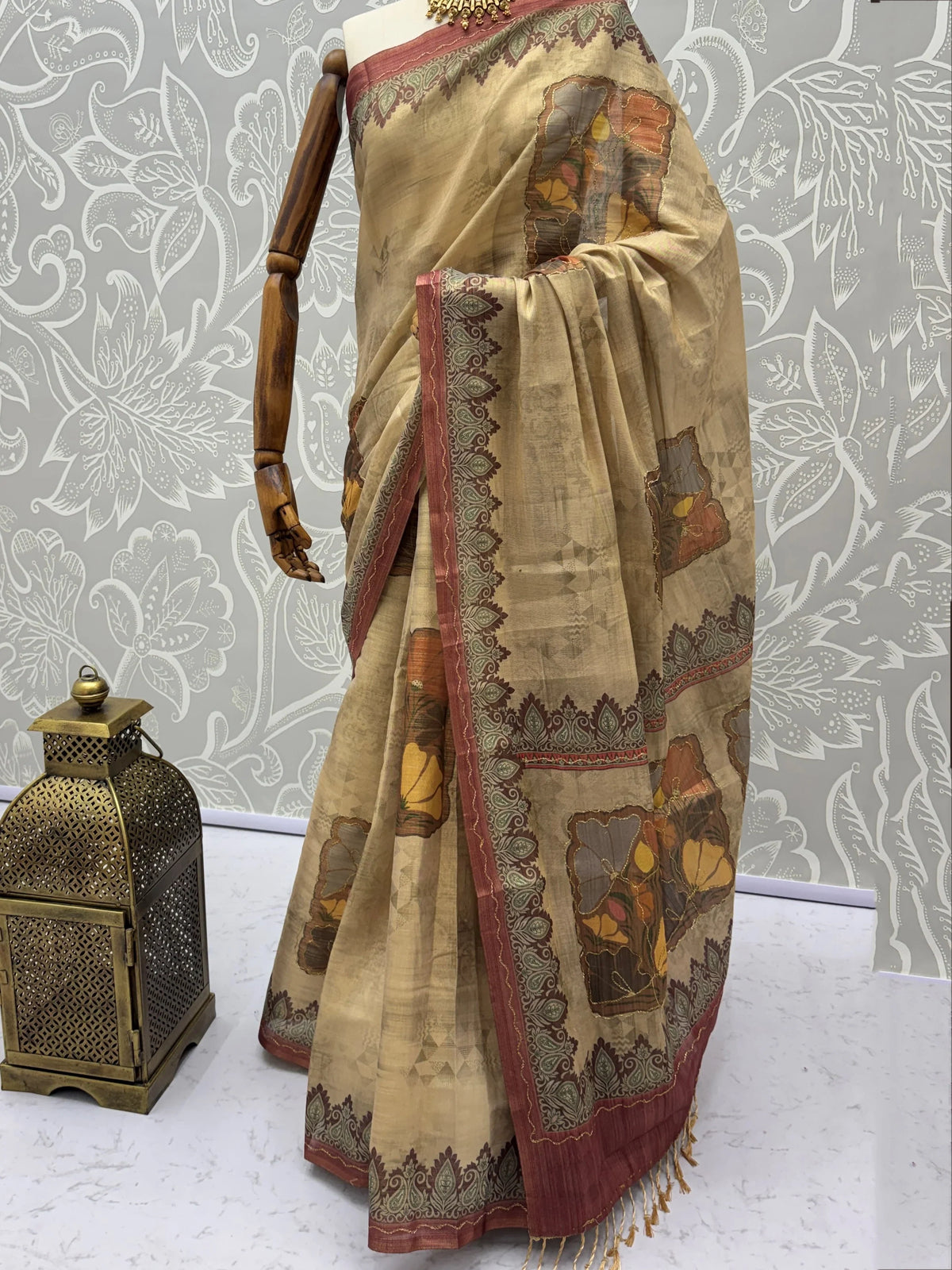 Fabulous Beige Dori Work Silk Festival Wear Saree With Blouse