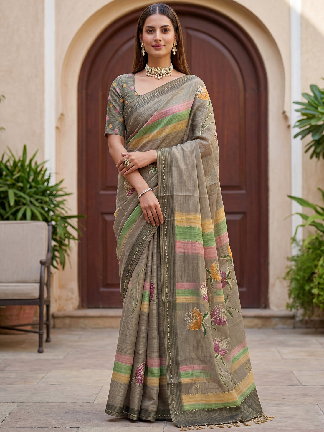 Stunning Grey Dori Work Silk Festival Wear Saree With Blouse
