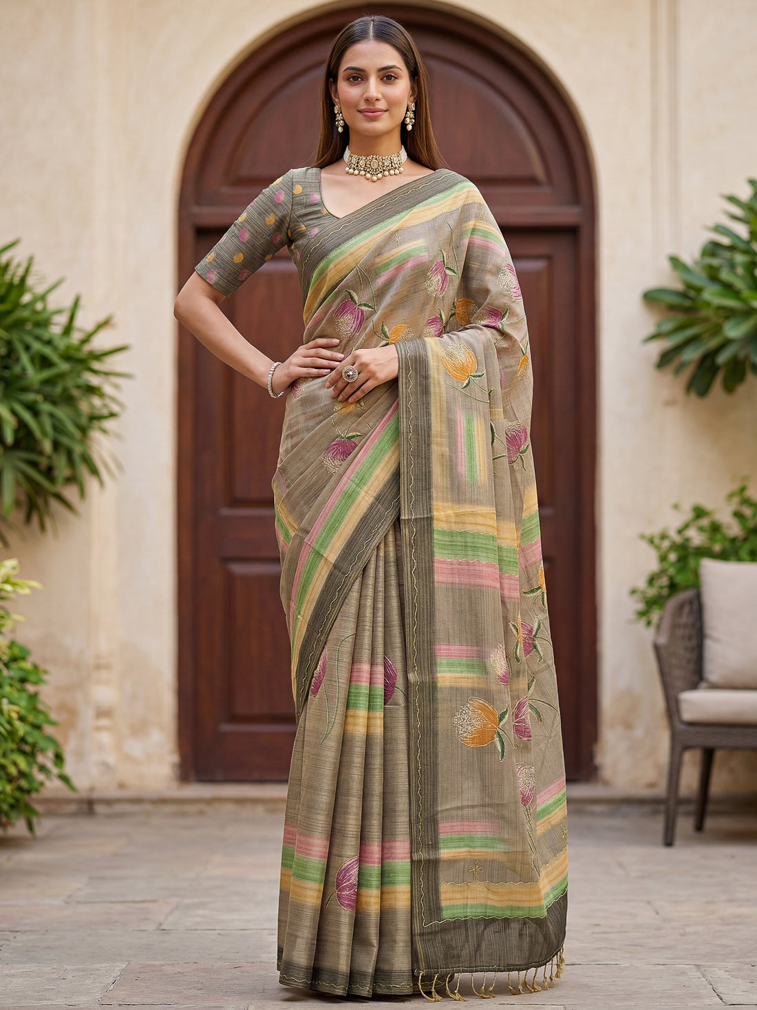 Stunning Grey Dori Work Silk Festival Wear Saree With Blouse
