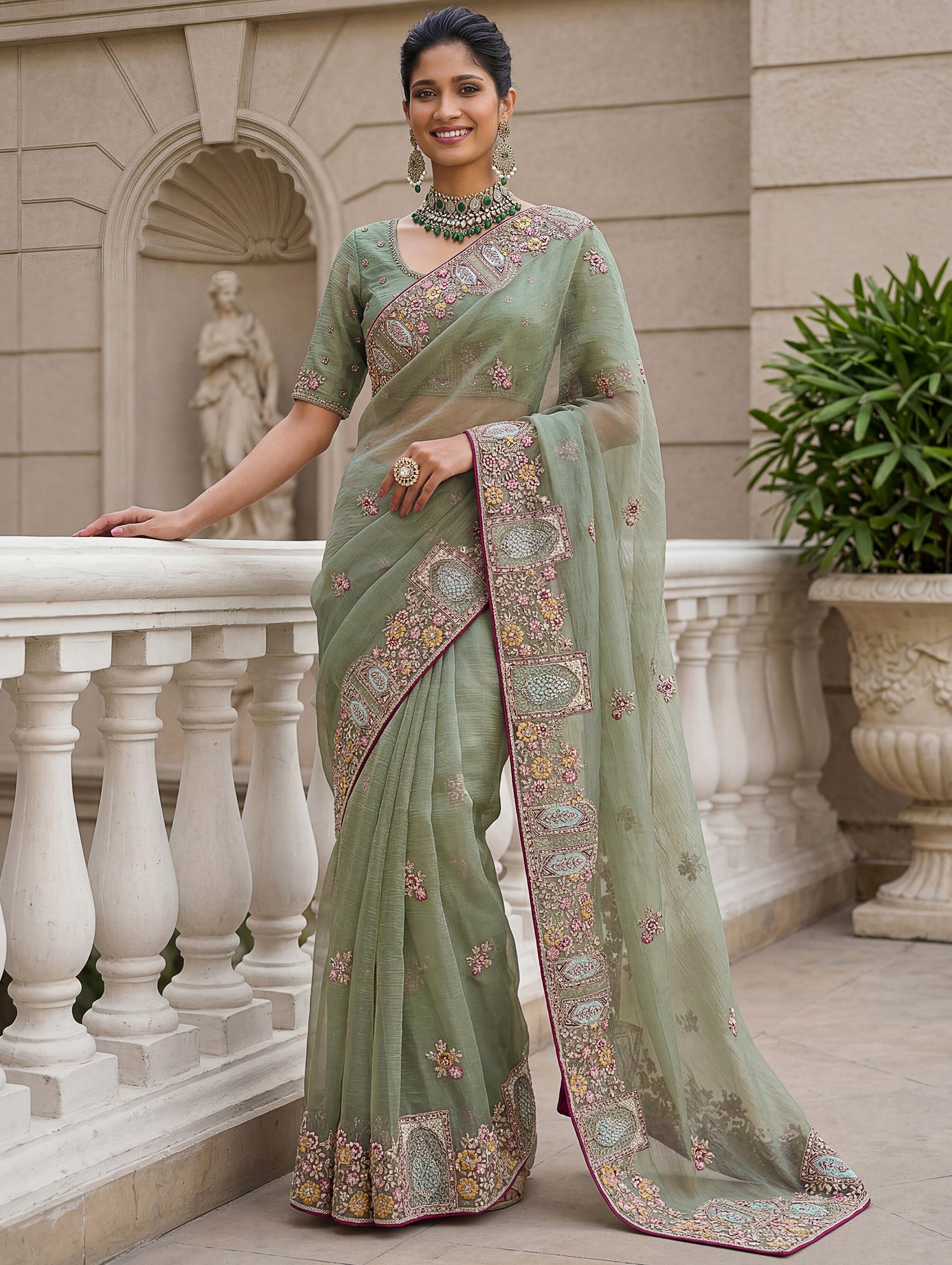 Gorgeous Pista Green Embroidered Organza Reception Wear Saree With Blouse