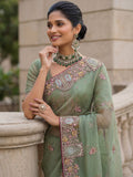 Gorgeous Pista Green Embroidered Organza Reception Wear Saree With Blouse
