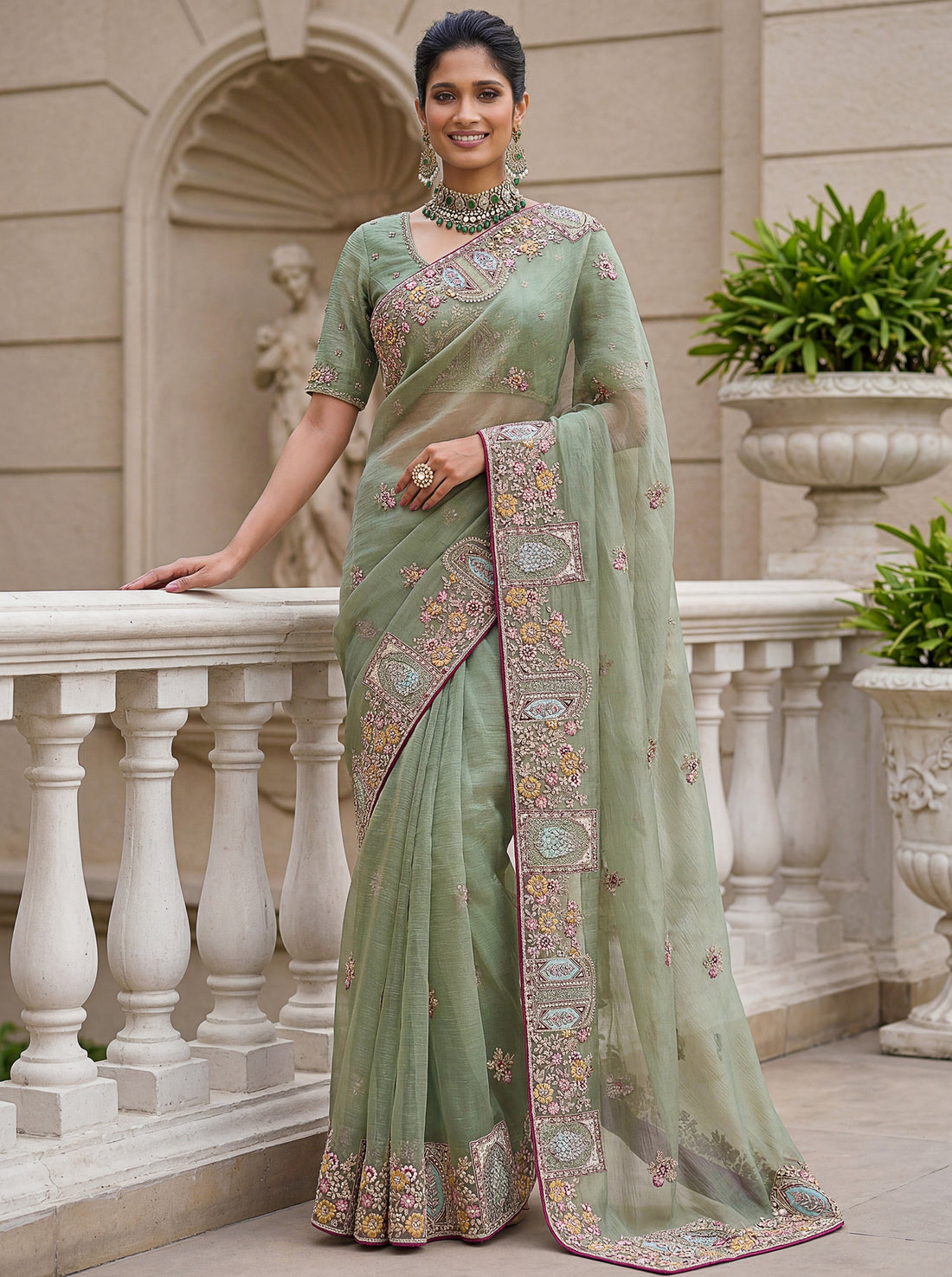 Gorgeous Pista Green Embroidered Organza Reception Wear Saree With Blouse