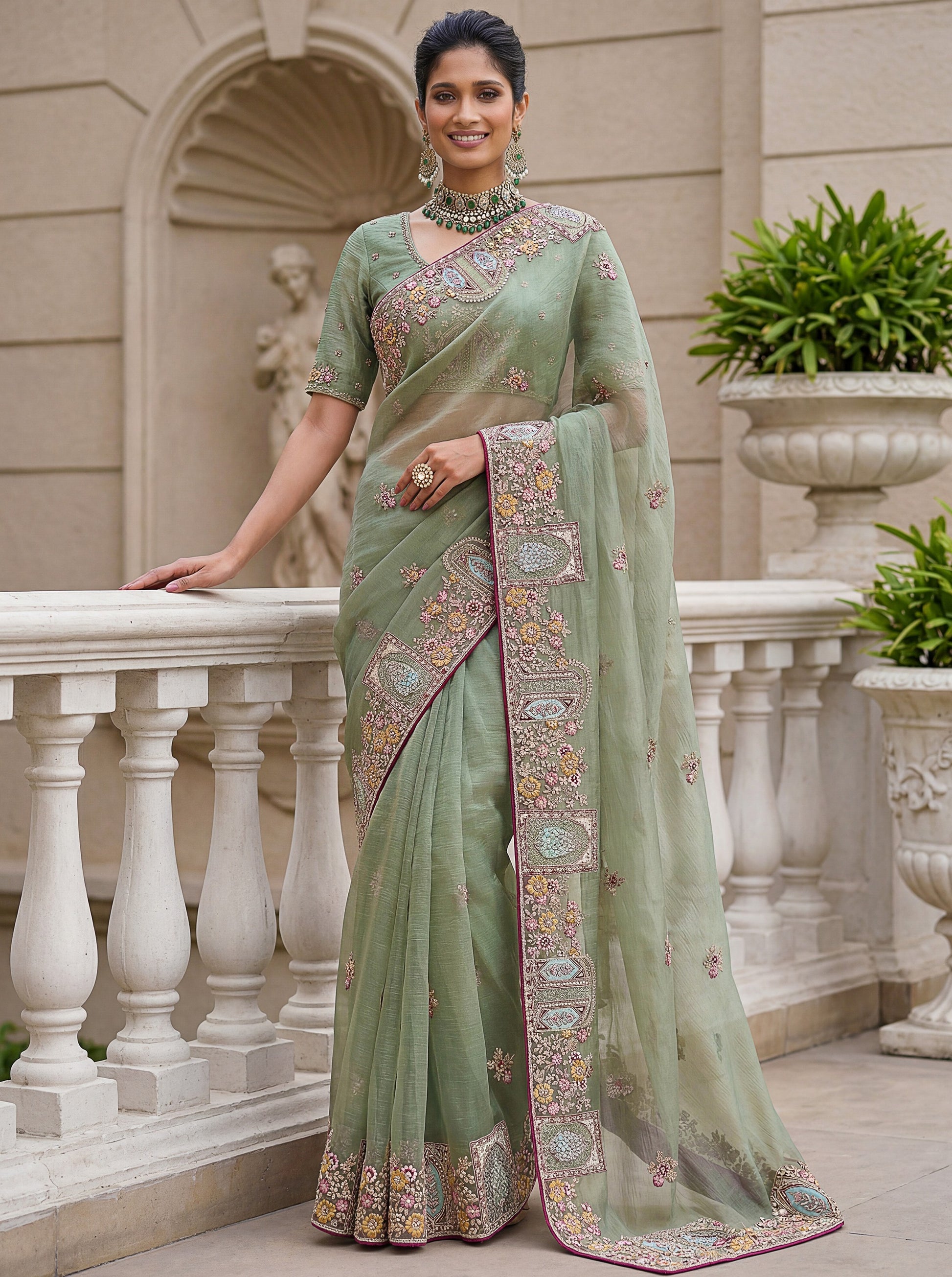Gorgeous Pista Green Embroidered Organza Reception Wear Saree With Blouse