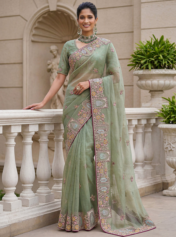Gorgeous Pista Green Embroidered Organza Reception Wear Saree With Blouse