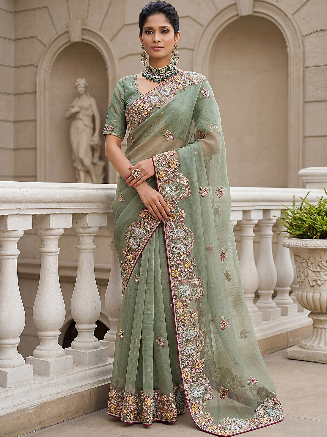Gorgeous Pista Green Embroidered Organza Reception Wear Saree With Blouse