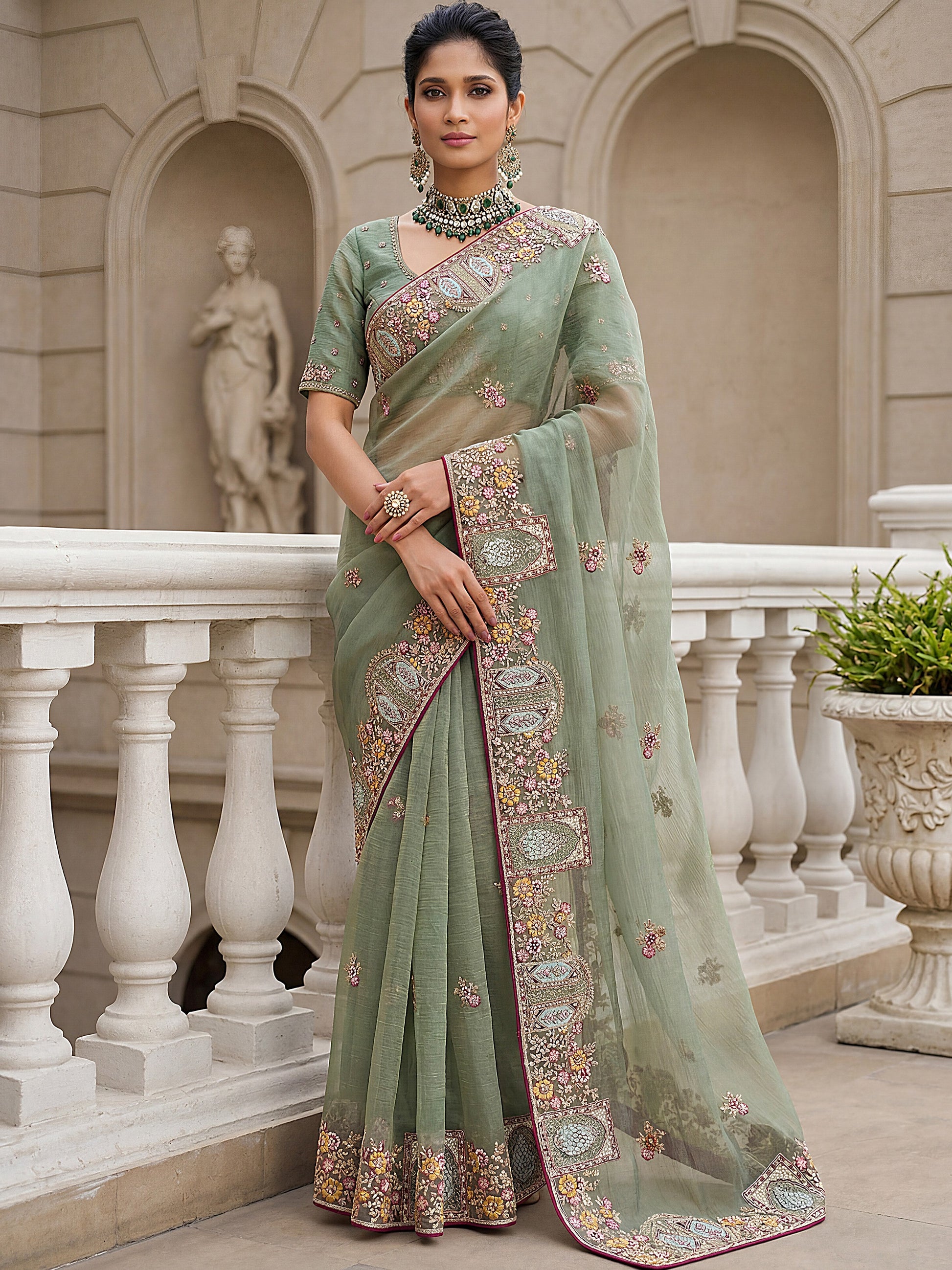 Gorgeous Pista Green Embroidered Organza Reception Wear Saree With Blouse