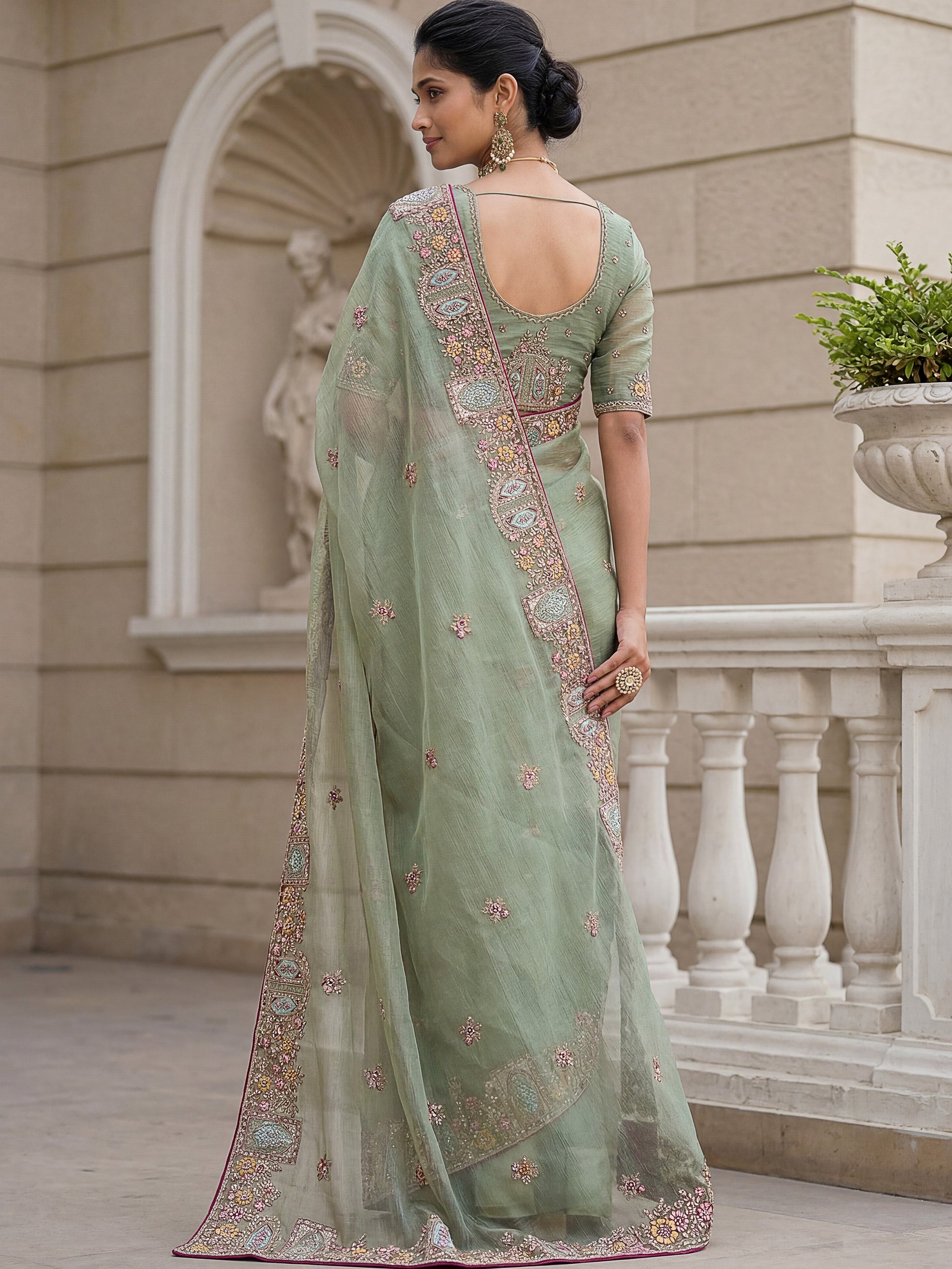 Gorgeous Pista Green Embroidered Organza Reception Wear Saree With Blouse