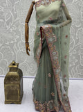 Gorgeous Pista Green Embroidered Organza Reception Wear Saree With Blouse