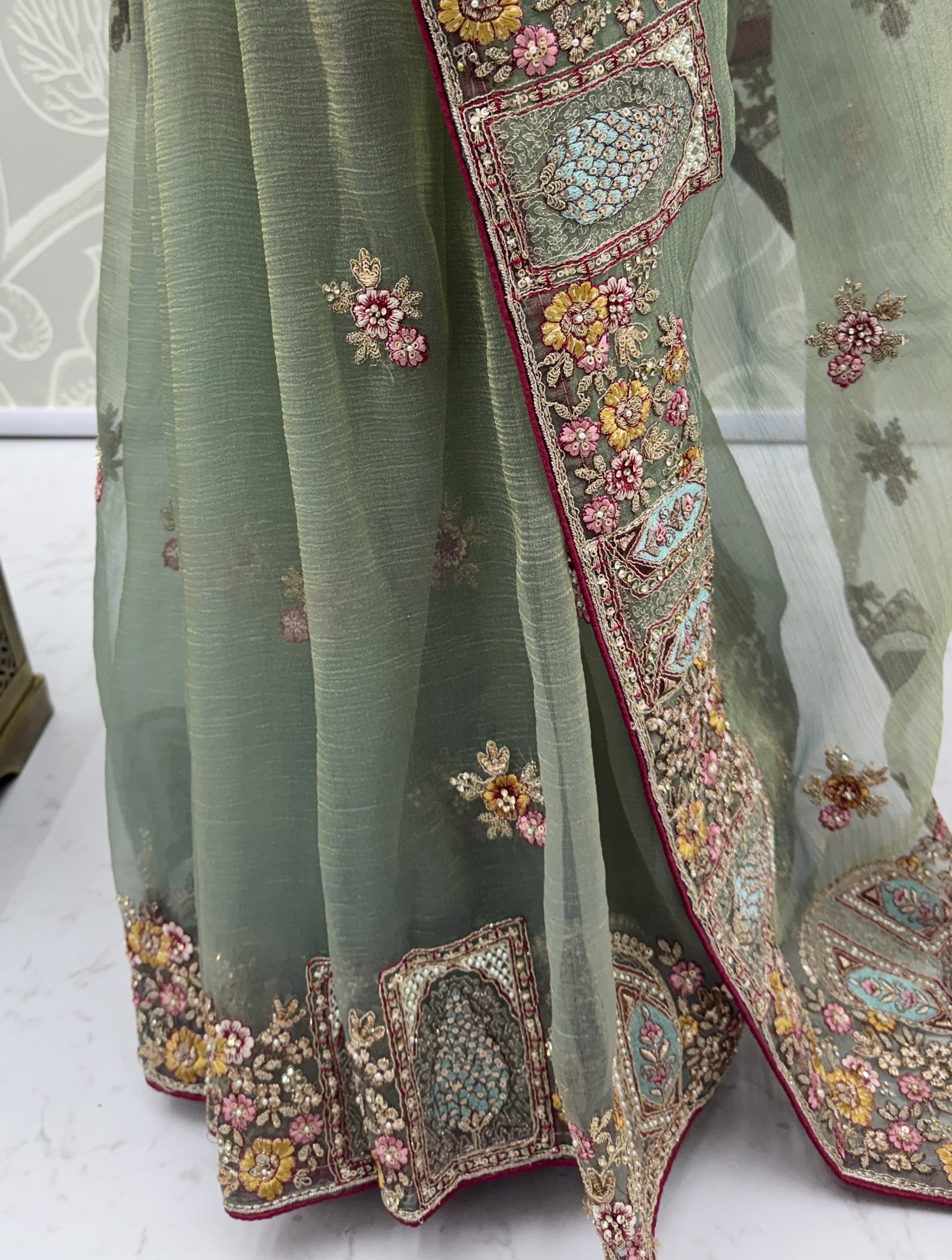 Gorgeous Pista Green Embroidered Organza Reception Wear Saree With Blouse