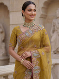 Impressive Mustard Yellow Embroidered Organza Festive Wear Saree With Blouse