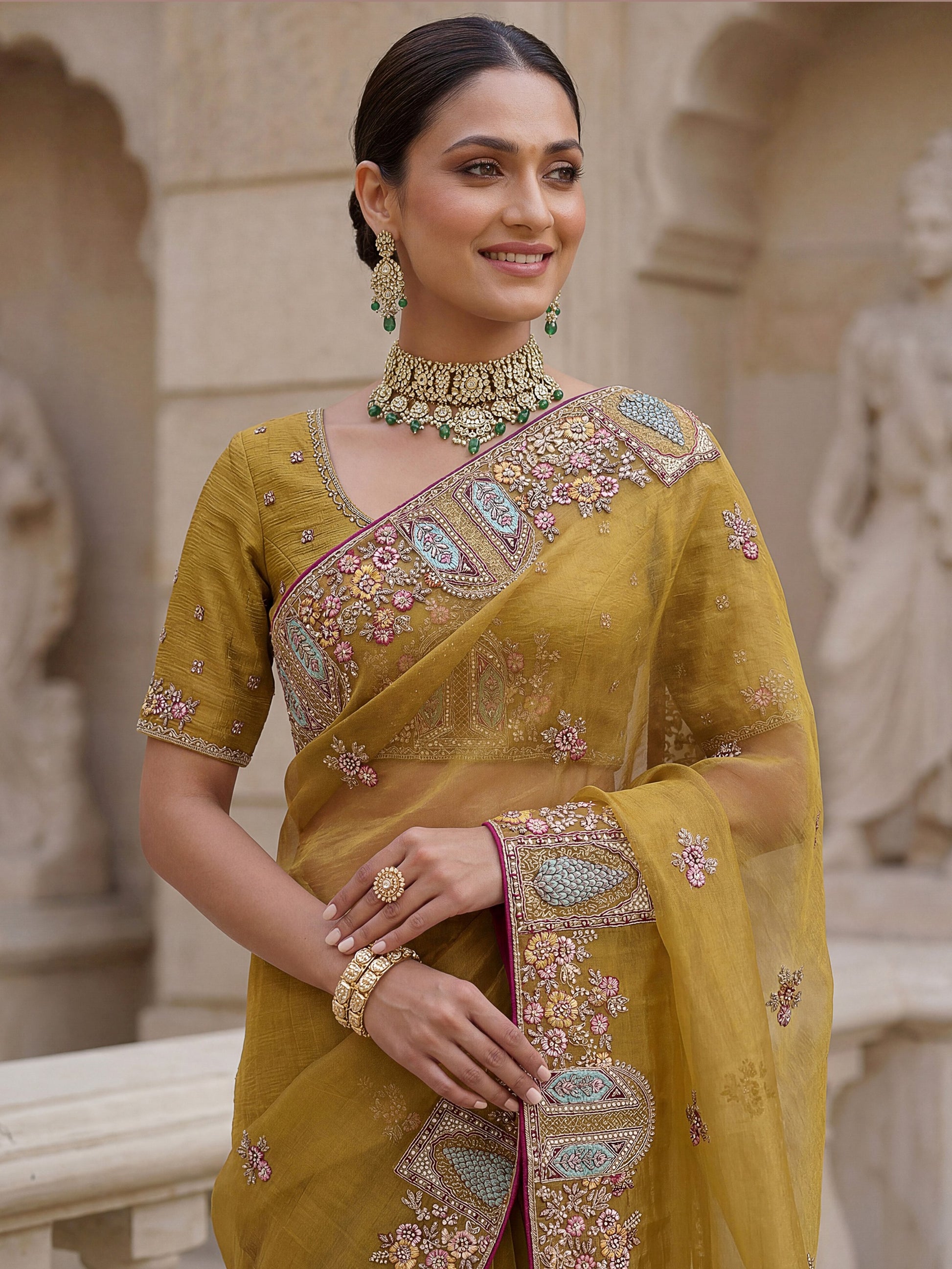 Impressive Mustard Yellow Embroidered Organza Festive Wear Saree With Blouse